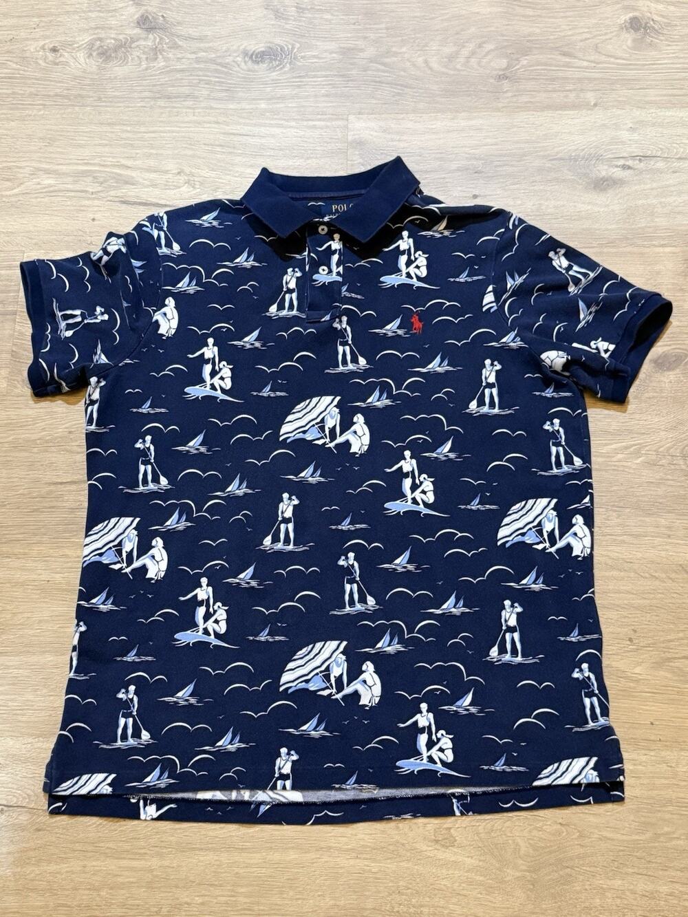 POLO RALPH LAUREN Men's French Navy Classic Fit Sailboat Print Mesh Polo Shirt L